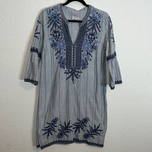 Johnny Was Workshop Lila Jo flare sleeve embroidered blue & white dress Coastal